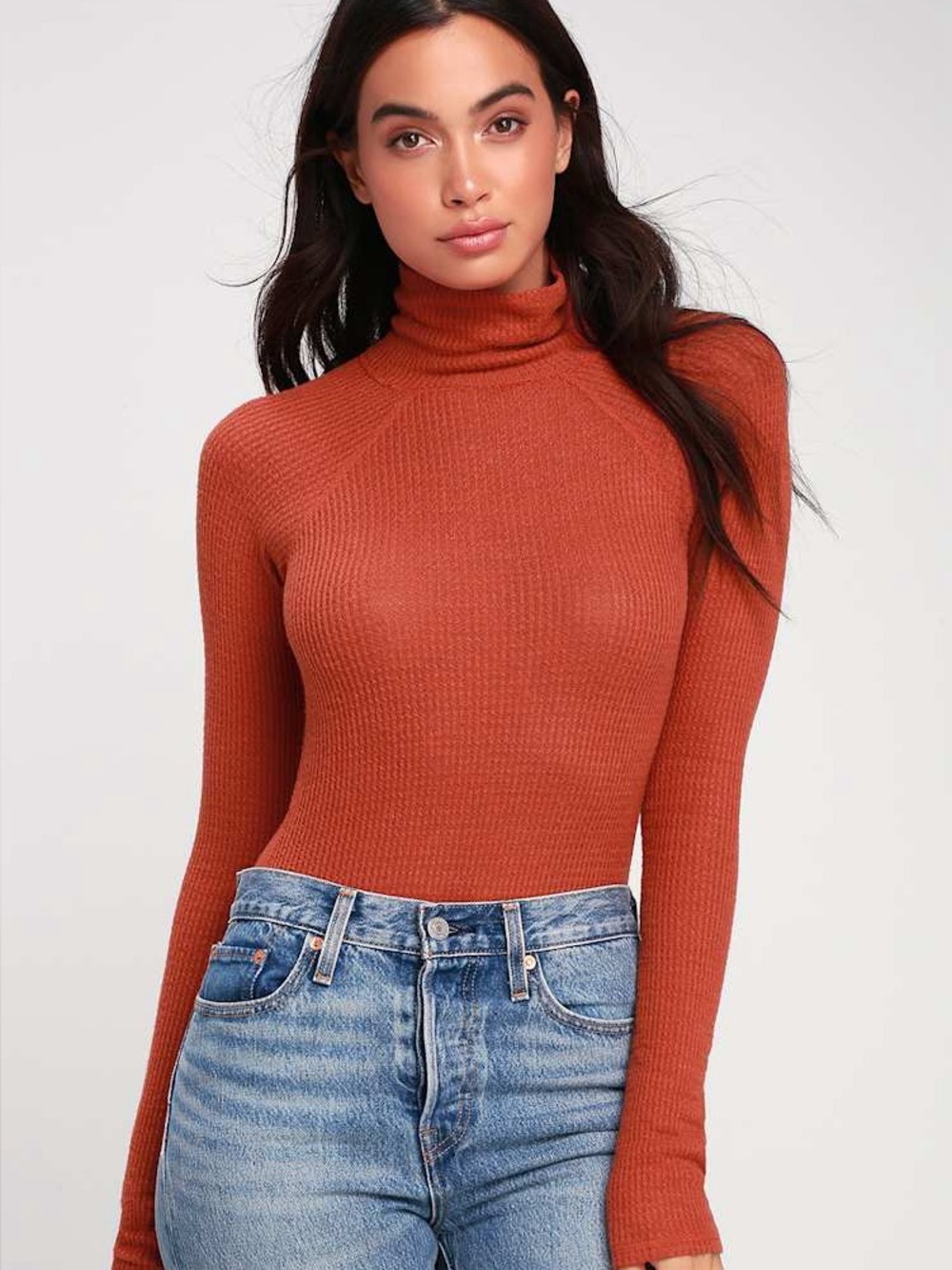 Free People All You Want Rust Orange Thermal Turtleneck Bodysuit Small